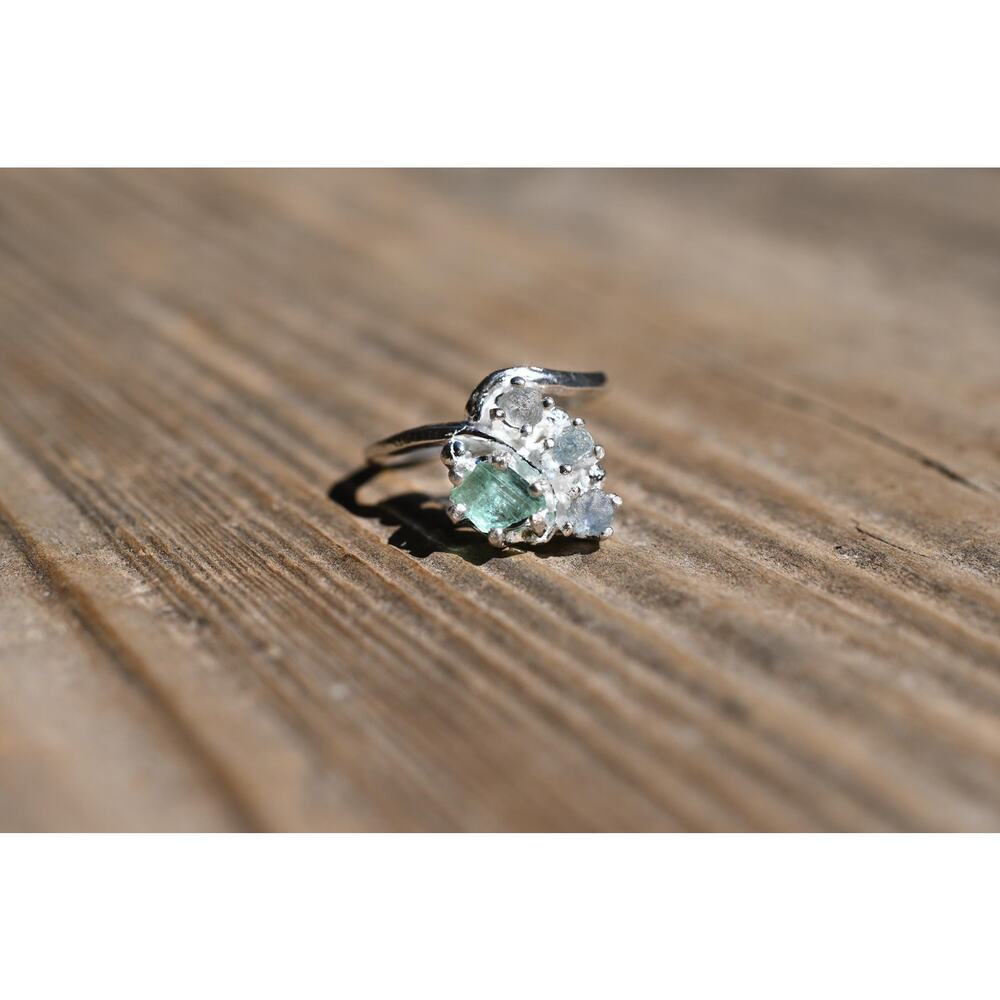 Engagement ring Emerald and Montana Sapphire Unique Raw Gemstones Size 3.5